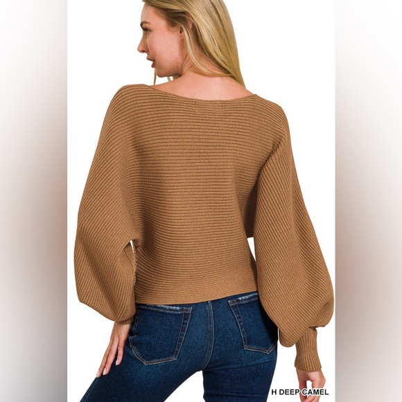 Boat Neck Balloon Sleeve Sweater in H Deep Camel - Picture 4 of 4